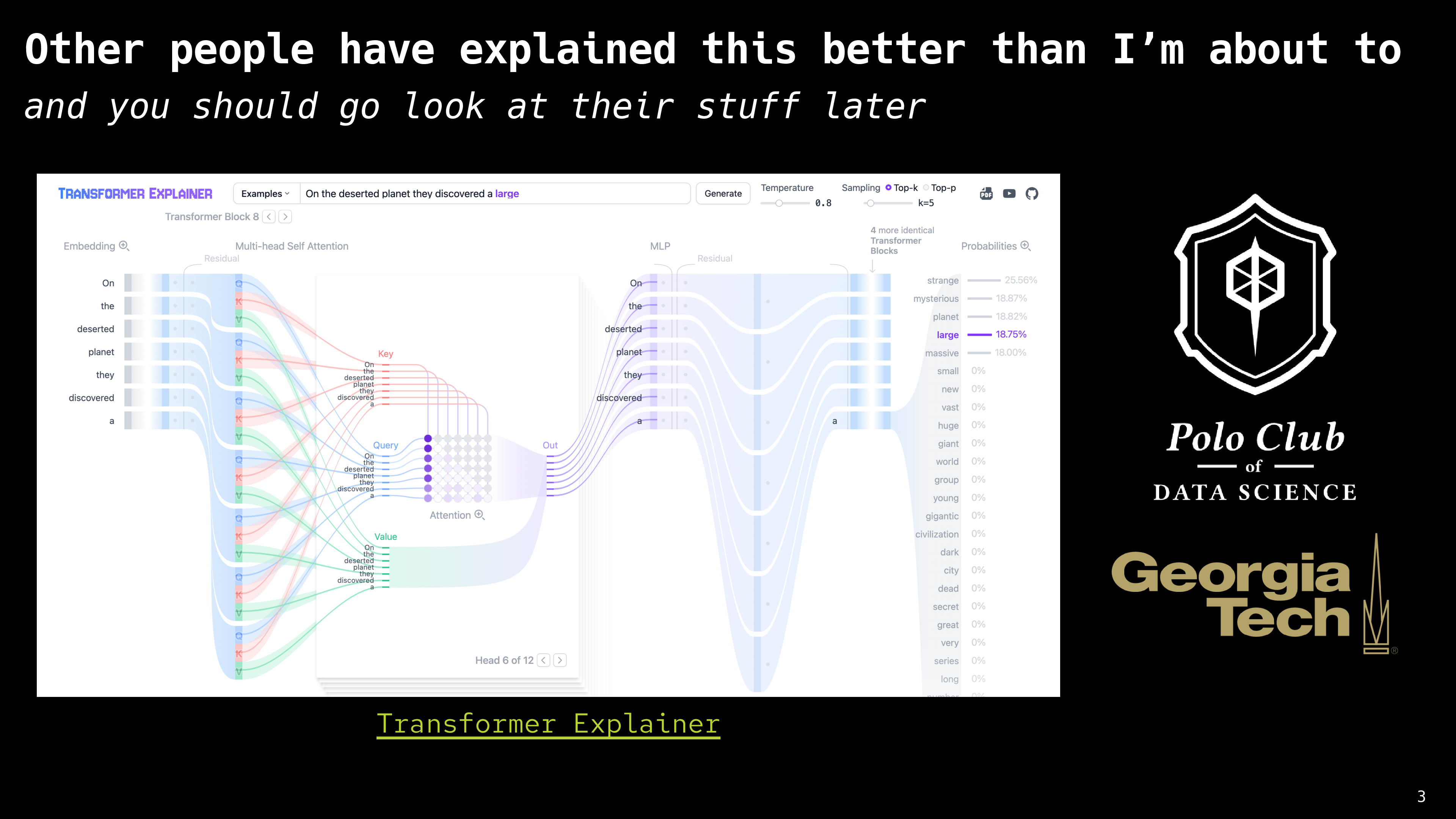 A screenshot of the Transformer Explainer webpage and the logo of the Polo Club of Data Science at Georgia Tech