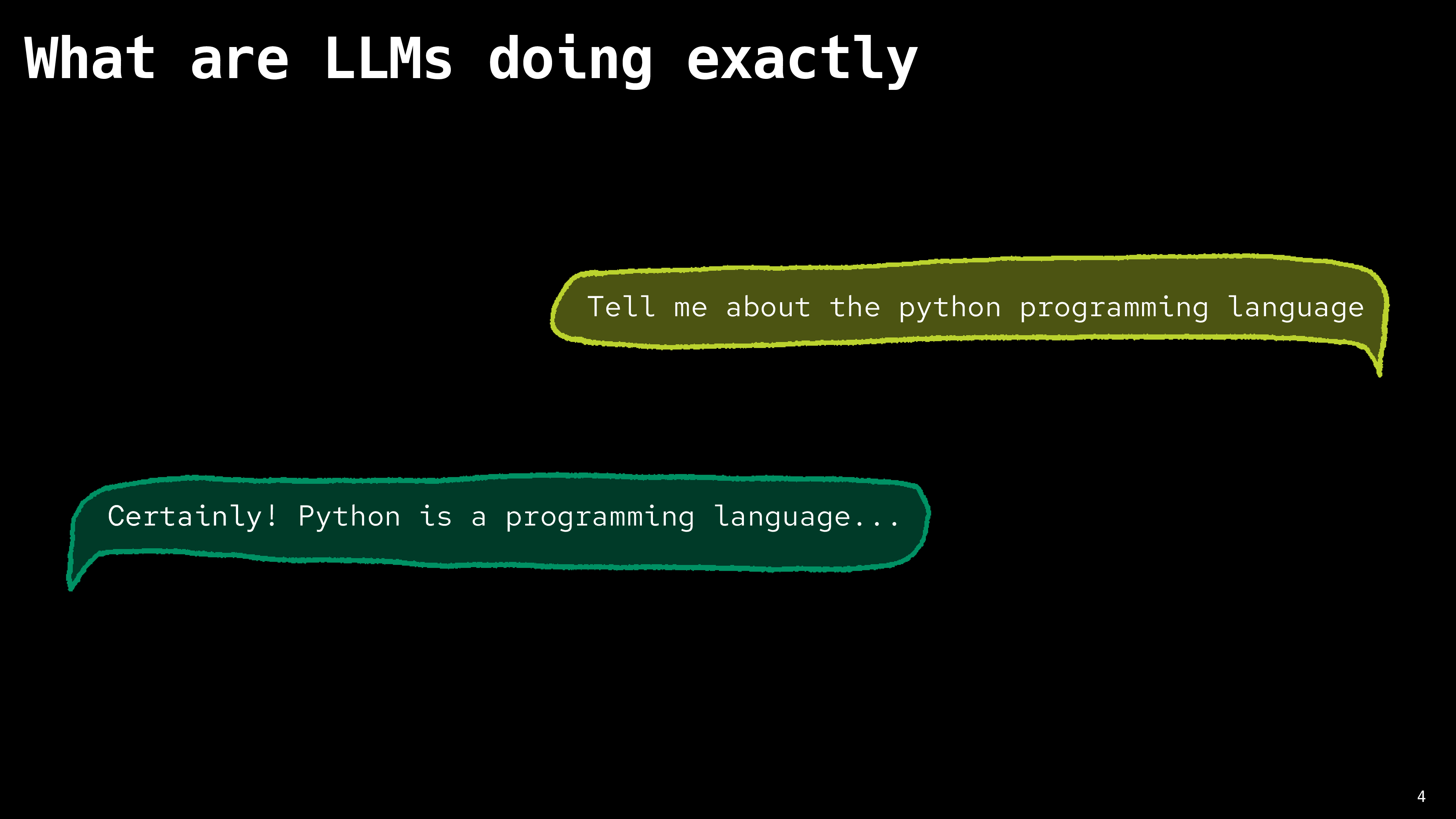title: 'What LLMs are doing exactly' Chat-like doodle. First bubble says 'Tell me about the python programming language', reply bubble says 'Certainly! Python is a programming language...'