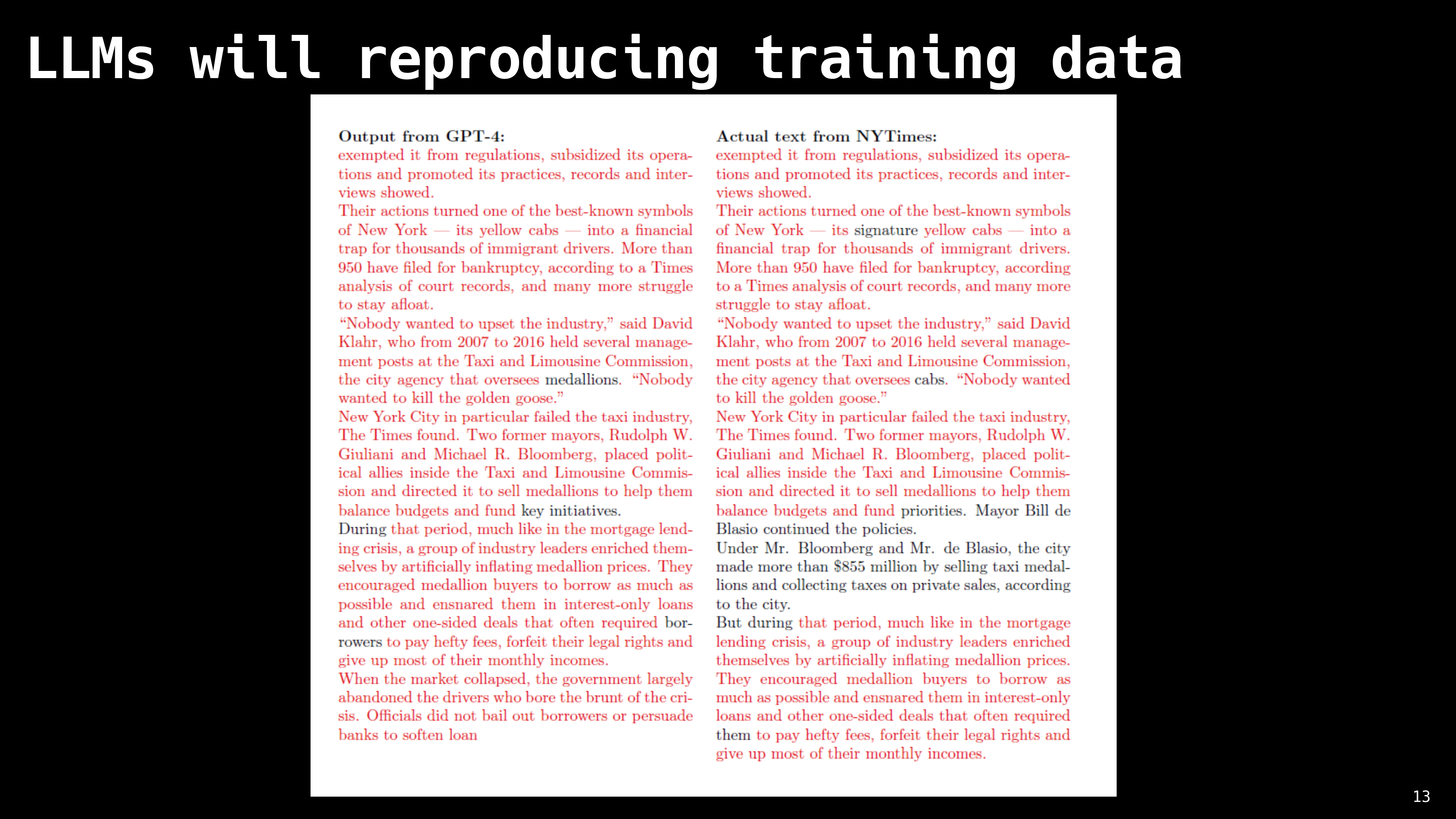 title: 'LLMs will reproduce training data'. Figure from NYT OpenAI lawsuit, described in text.