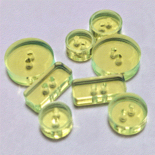 dithered photo of a small pile of bright green buttons, from the same transparent neon green acylic as the side guards.