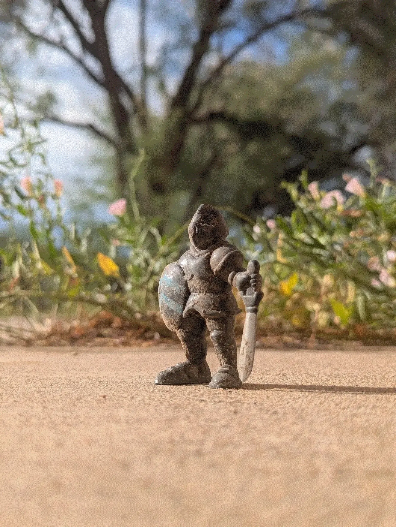 photo of figuring with a sword on concrete in front of blurry plants